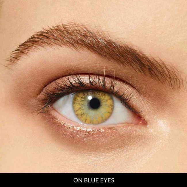 caramel brown lenses on blue eyes