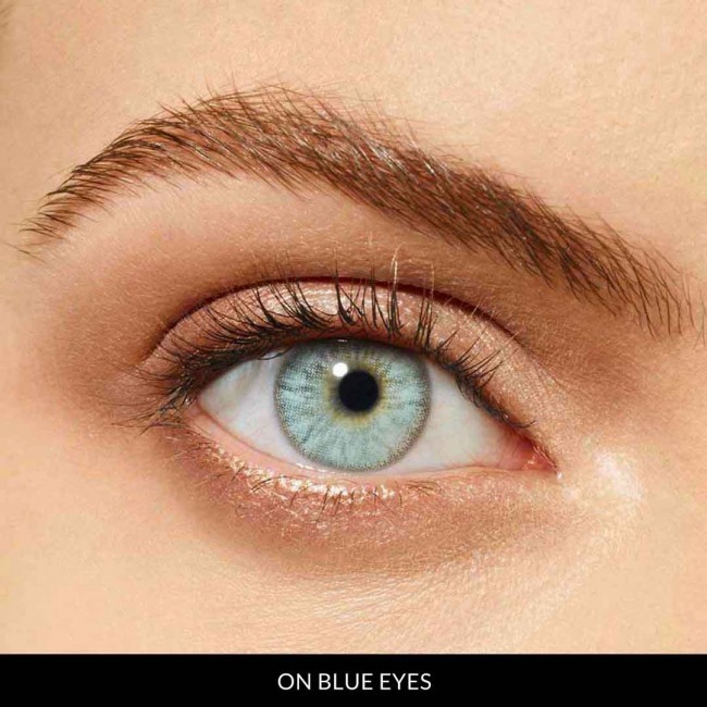 mint touch lenses on blue eyes