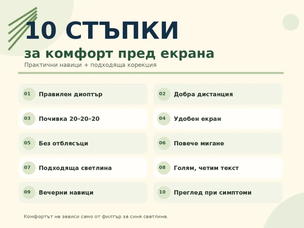 Десет практични стъпки за зрителен комфорт при работа с екран