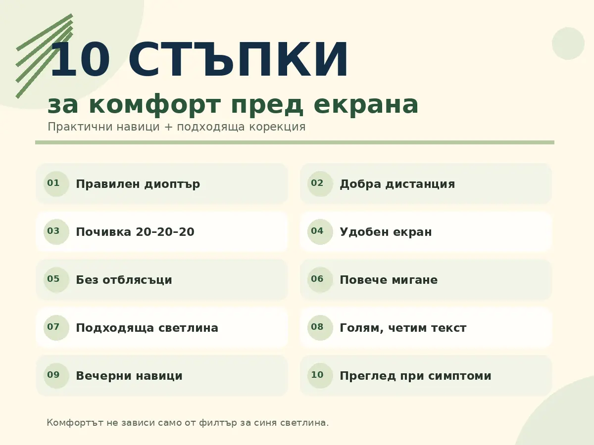 Десет практични стъпки за зрителен комфорт при работа с екран