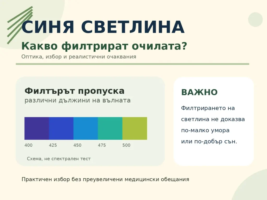 Схематичен видим светлинен спектър и пояснение, че филтрирането не доказва медицинска полза
