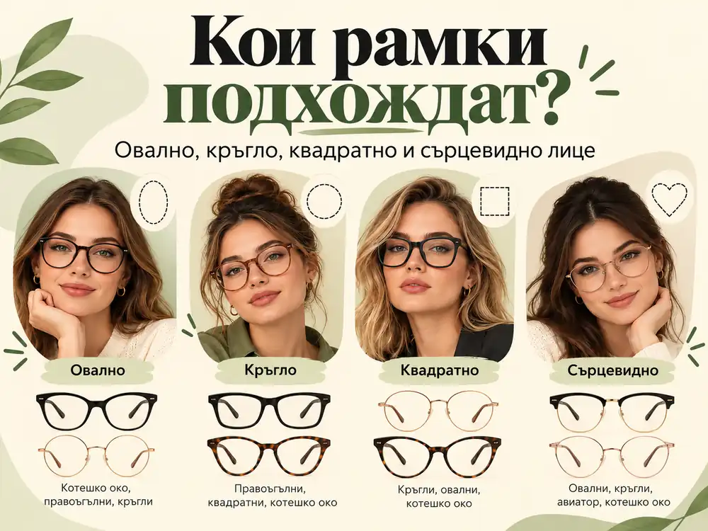 Примерни рамки за овално, кръгло, квадратно и сърцевидно лице