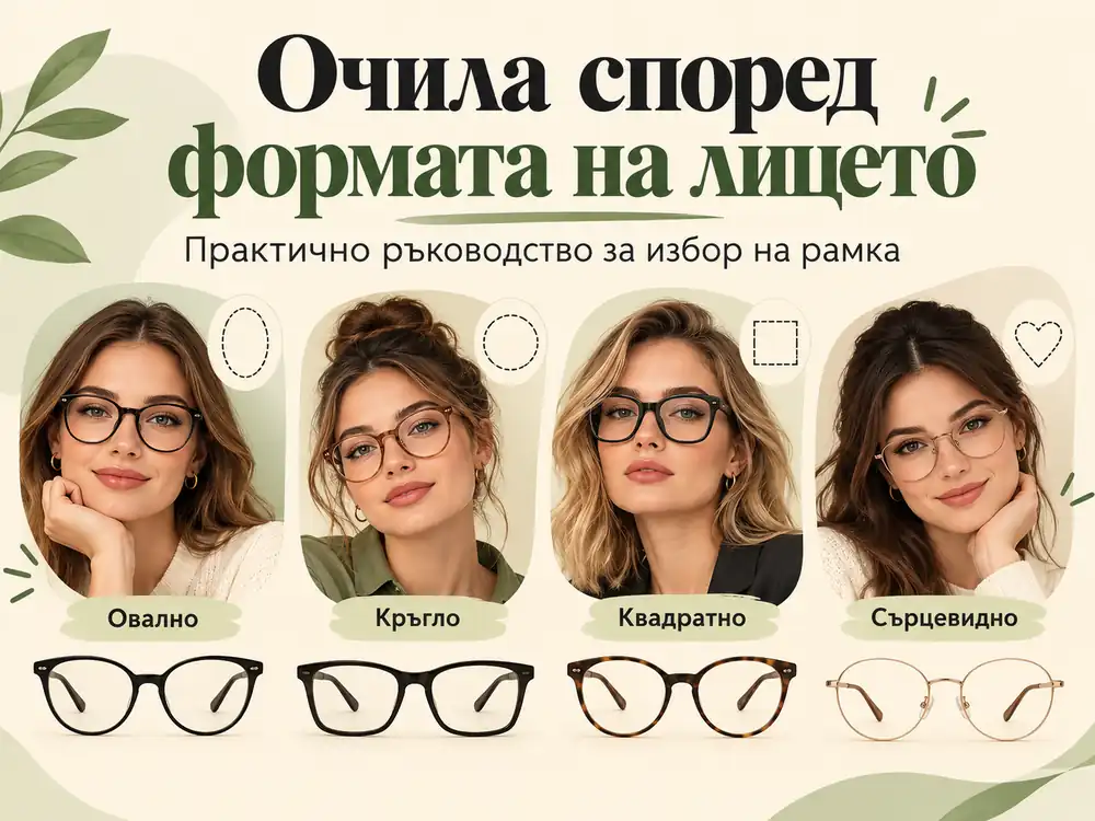 Четири форми на лице и очила с различни стилове рамки – илюстрация