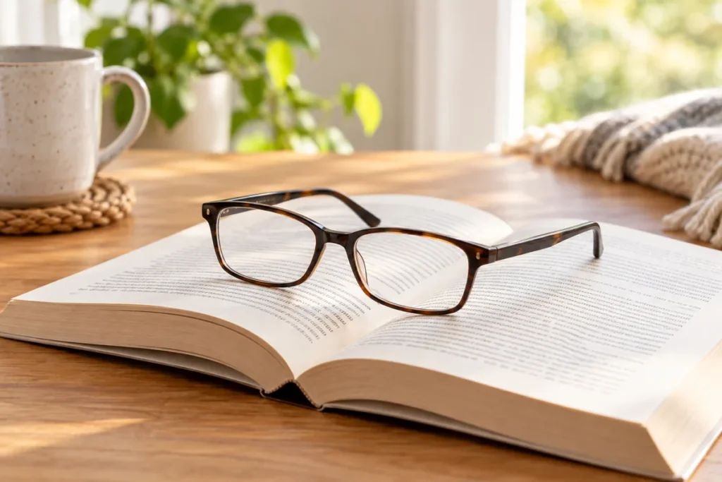 Очила за четене върху отворена книга